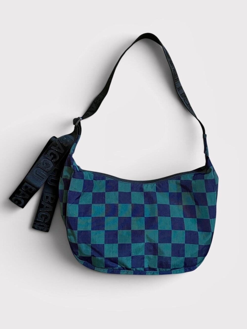 Baggu Medium Nylon Crescent Bag Checkered Green Navy Discontinued Print